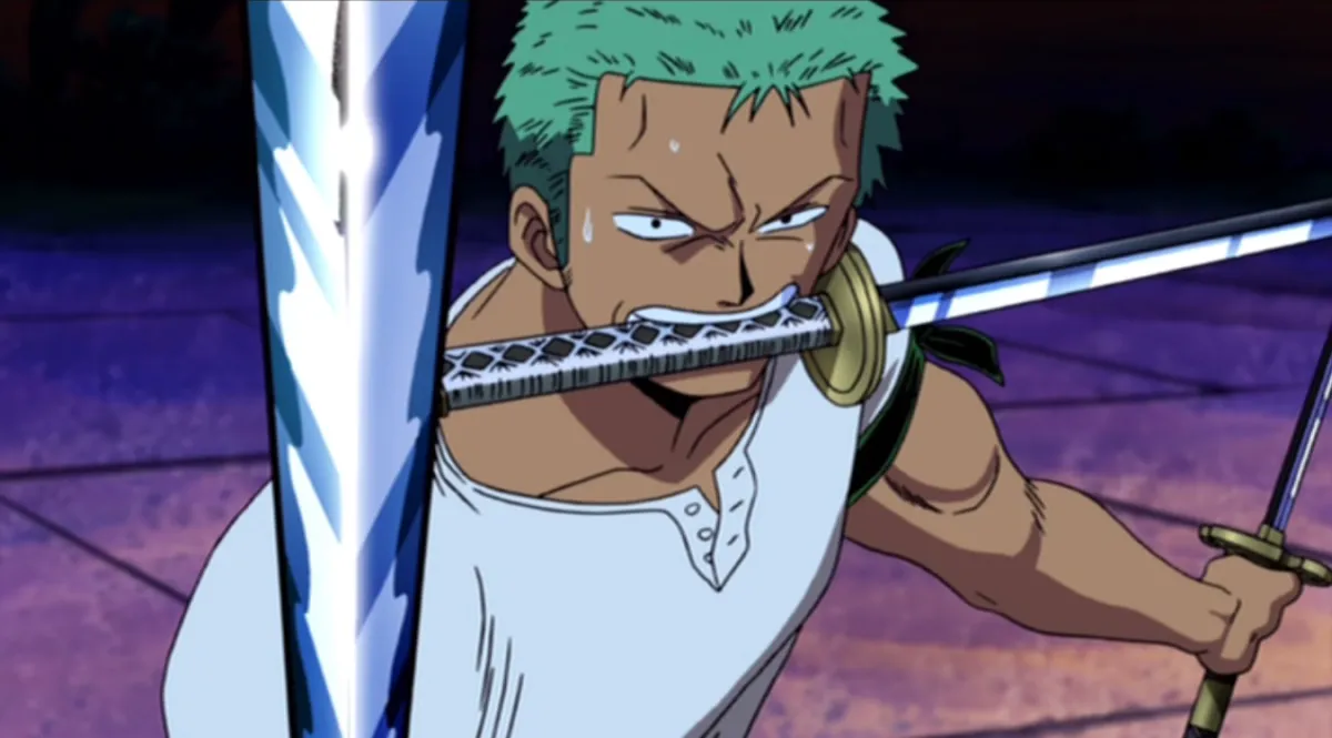 Zoro brandishes his three swords