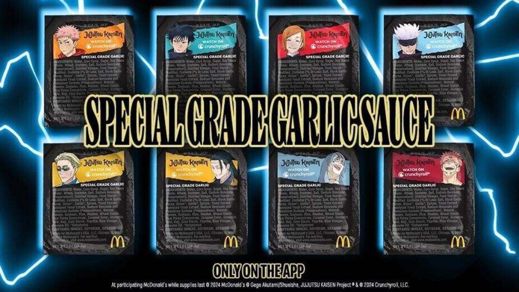 All 8 different packages for McDonald's Jujutsu Kaisen Special Grade Garlic Sauce