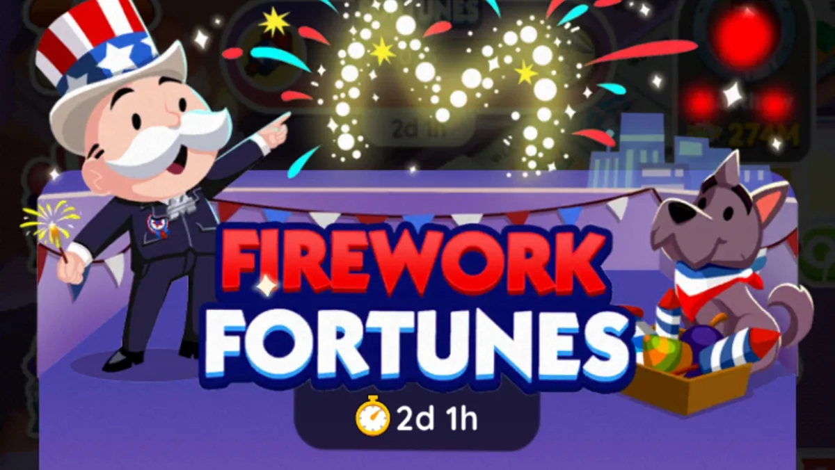 A header-style image for the Firework Fortunes event in Monopoly GO showing Mr. Monopoly and his dog looking at a giant exploding M, as part of an article on all the rewards and milestones available during the event.