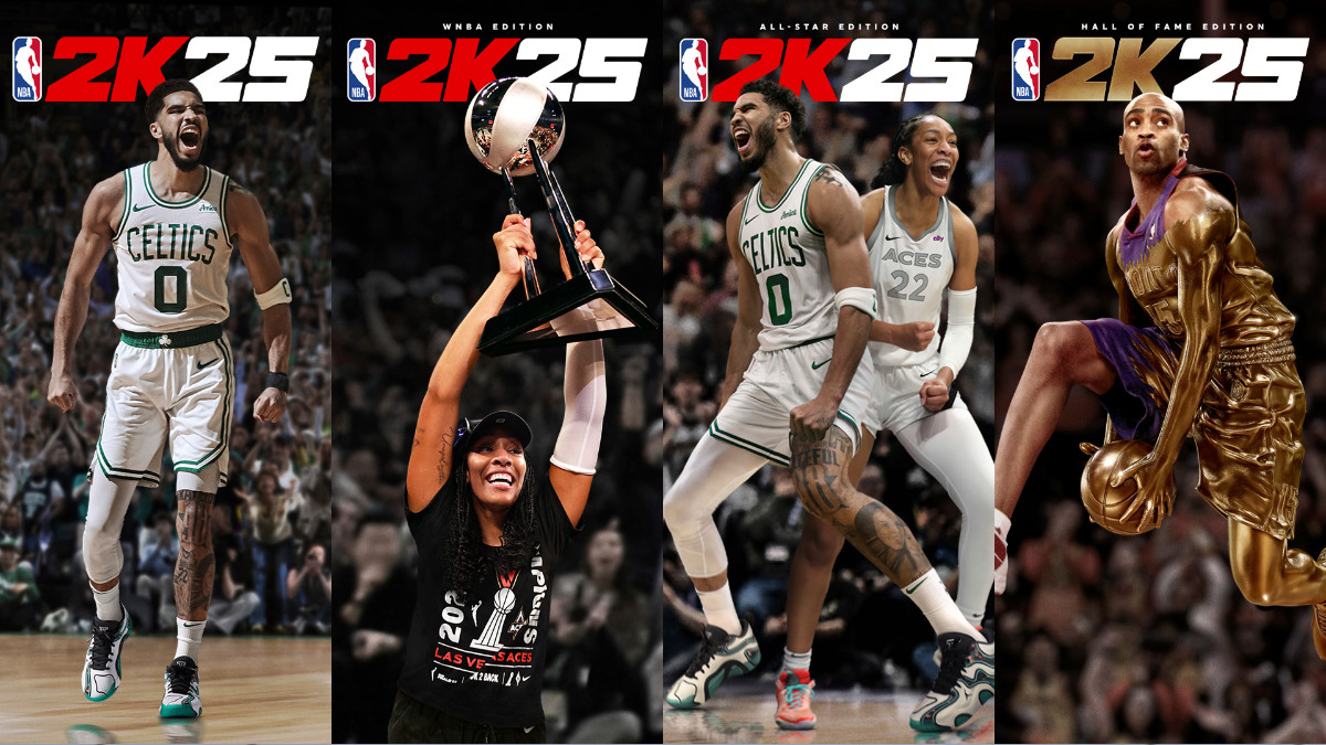 NBA Champion Jayson Tatum and WNBA Champion A’ja Wilson alongside Vince Carter on the covers of NBA 2K25 in an article detailing the reveal of the covers