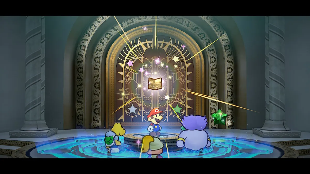 Mario and his party stand in front of the Thousand-Year Door