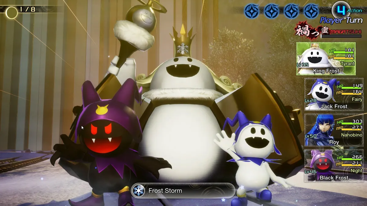 Image of King Frost, Jack Frost, and Black Frost using a team attack in Shin Megami Tensei V