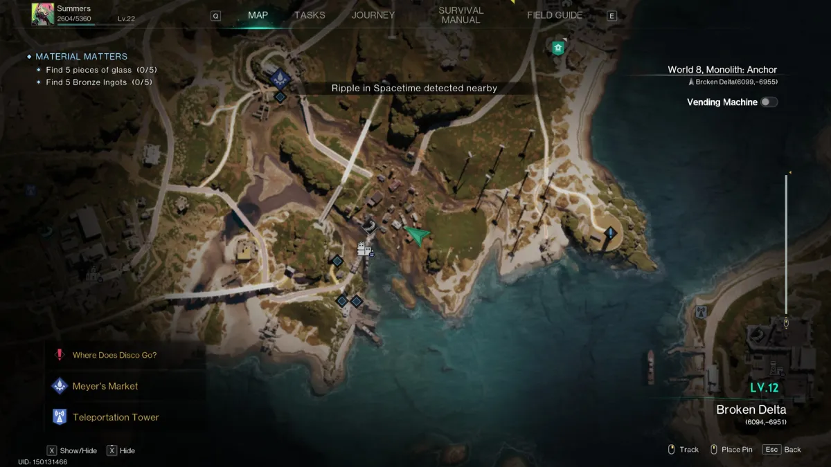 Image of the Once Human map, with the cursor hovering over the gear crate location in Harborside