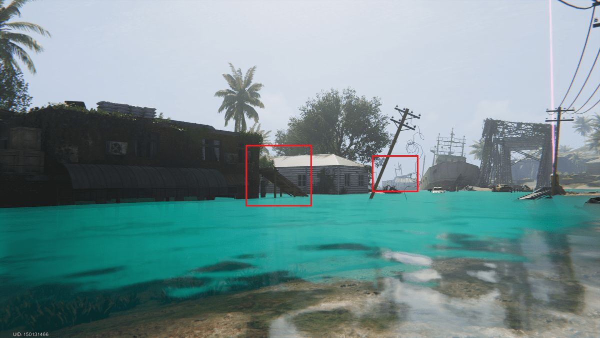 Image of a waterlogged street with a red rectangle over a wooden ramp and a distant ship in Once Human